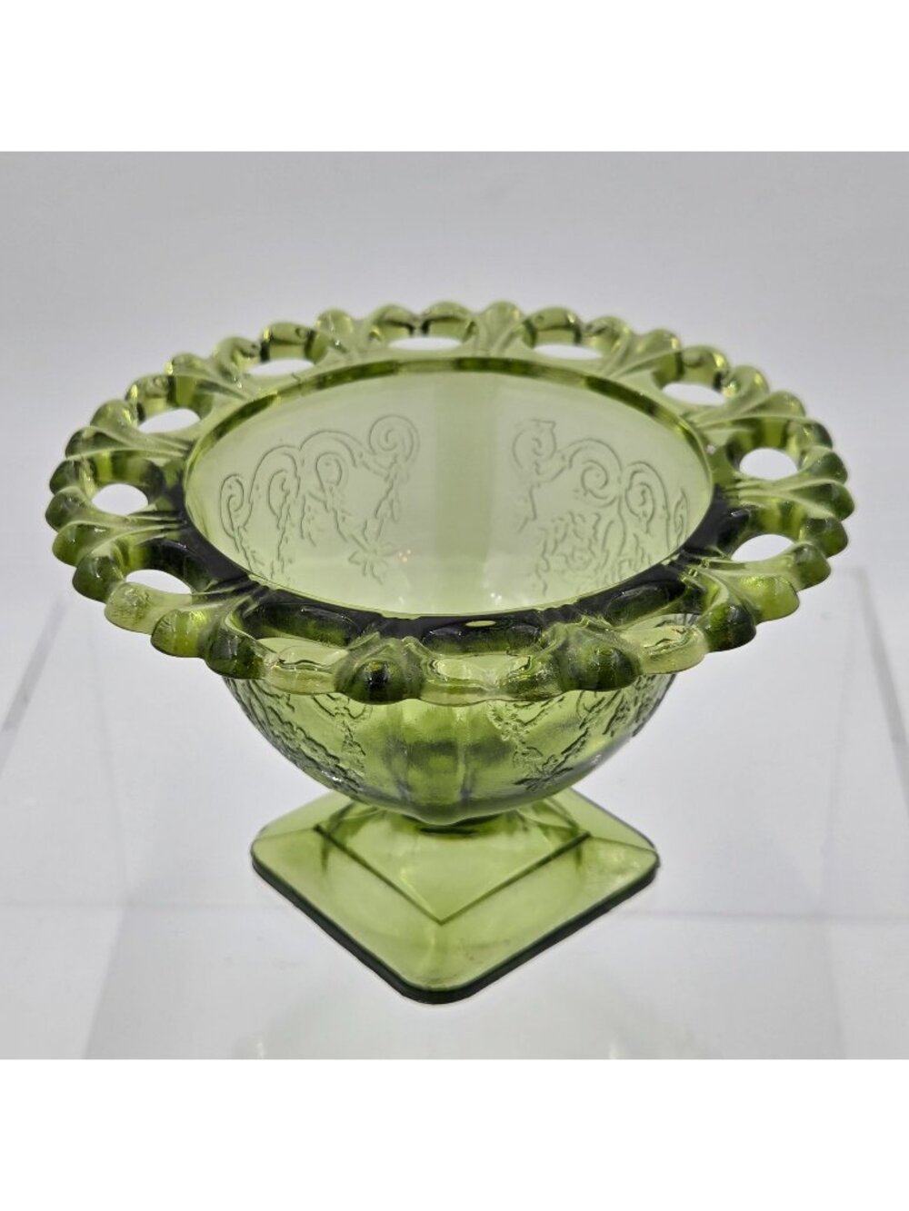 Indiana Glass Lorain Basket Design Avocado Green Glass Footed Lace Trim Planter